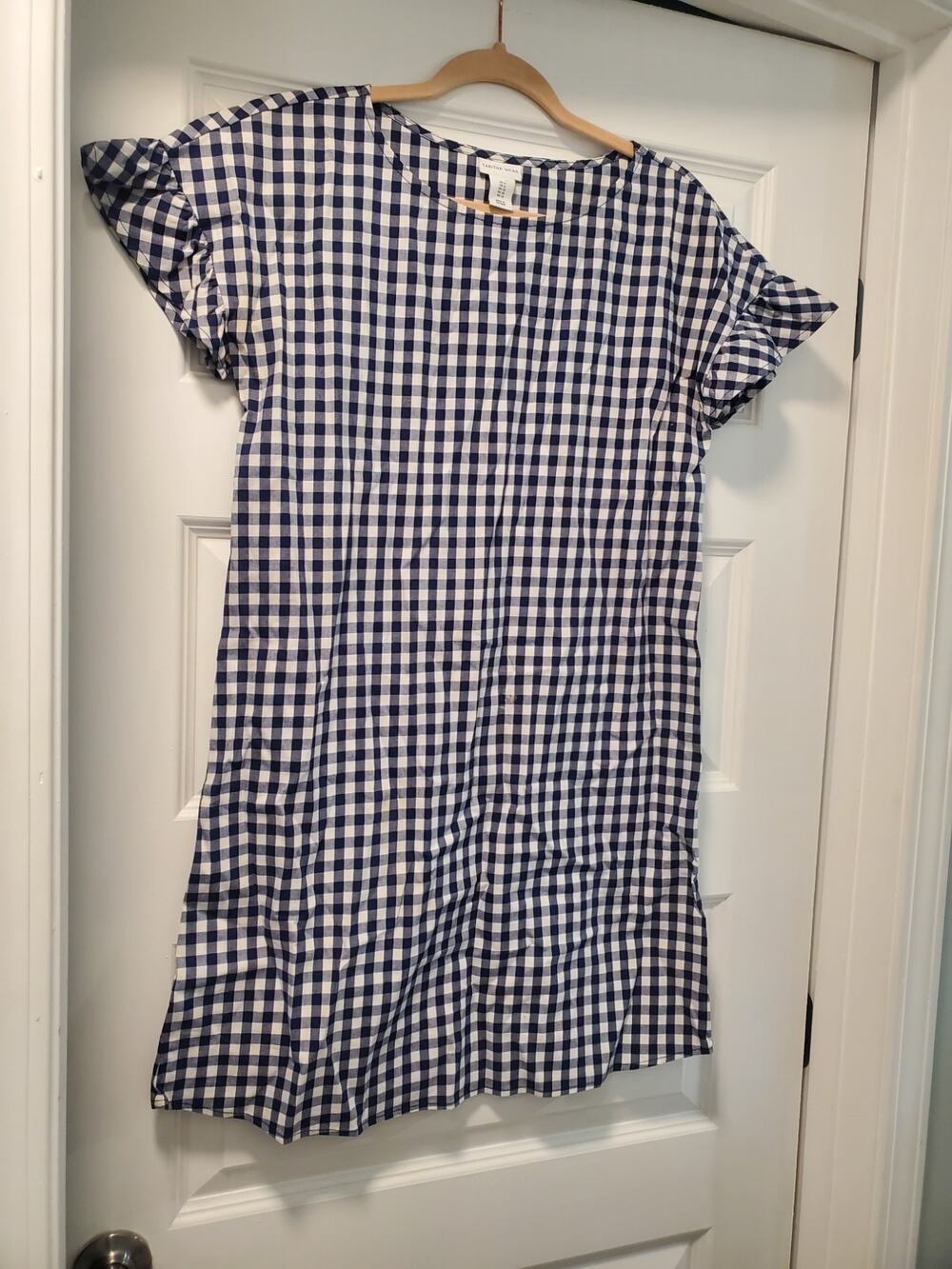 Tabitha Webb Navy Blue Gingham Check Ruffle Sleeve Shift Dress. A19
